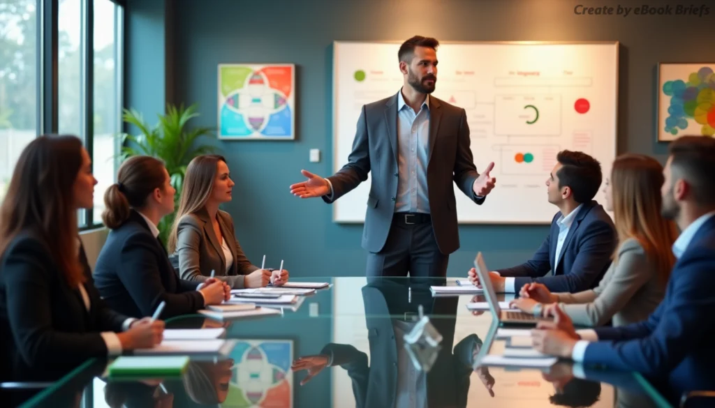 A business leader presenting Leadership Theory and Practice to a professional team in a modern conference room. The team listens attentively, engaging in discussion.