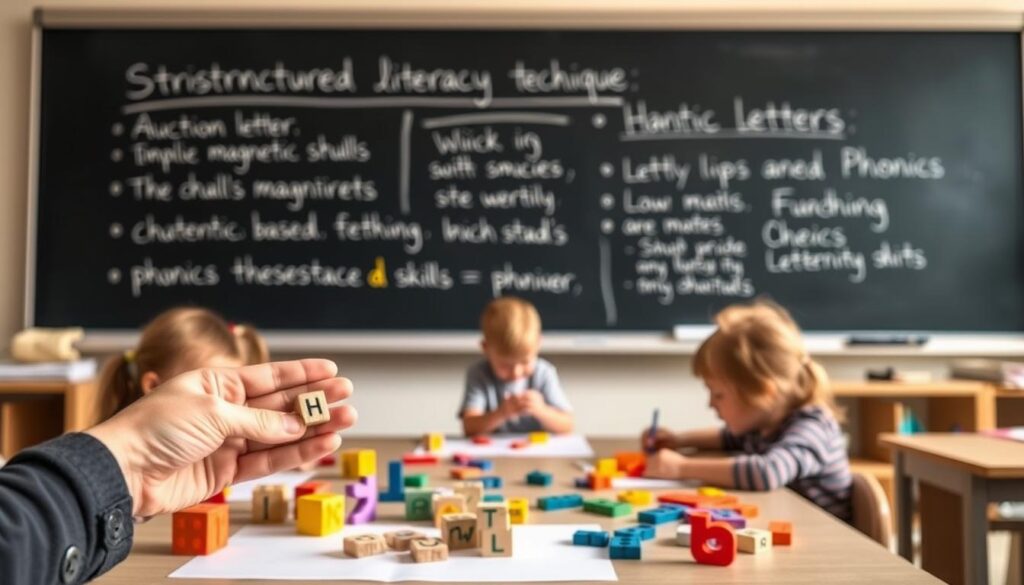 A classroom setting with a chalkboard or whiteboard in the background, showcasing various structured literacy techniques. In the foreground, a teacher's hands are demonstrating the use of multisensory tools such as letter blocks, magnetic letters, and textured surfaces. The middle ground features students engaged in hands-on activities, tracing letters or manipulating phonics-based materials. The lighting is soft and diffused, creating a warm, inviting atmosphere conducive to learning. The overall composition suggests a harmonious blend of visual, auditory, and kinesthetic elements, reflecting the principles of multisensory teaching of basic language skills.