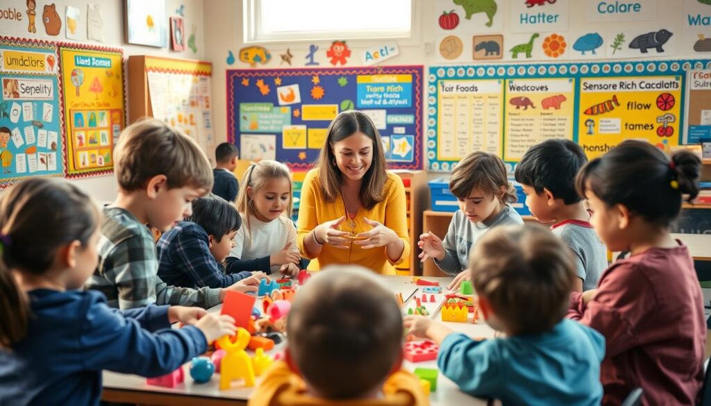 A vibrant, interactive classroom scene showcasing multisensory language acquisition. In the foreground, a group of diverse students engage with tactile learning materials, manipulating shapes and textures. In the middle ground, a teacher guides them, using expressive gestures and visual aids. The background features a vibrant display of sensory-rich posters, word walls, and learning stations, creating an immersive, stimulating environment. Warm, natural lighting filters in, highlighting the collaborative, hands-on nature of the lesson. The overall atmosphere conveys a sense of excitement, discovery, and the joy of learning through multiple modalities.