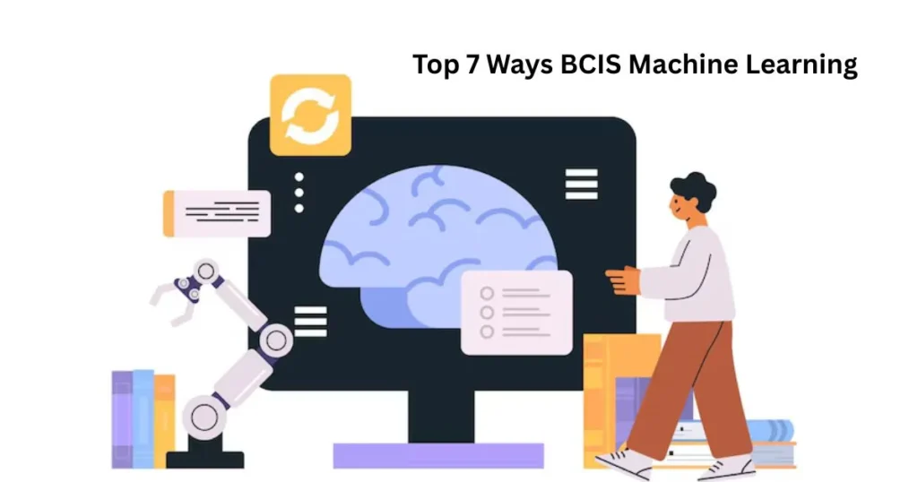 Illustration showing BCIS Machine Learning concept with a robotic arm, brain on screen, and a person interacting with AI.