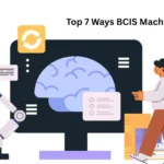 Illustration showing BCIS Machine Learning concept with a robotic arm, brain on screen, and a person interacting with AI.