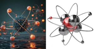 3D illustration of atomic structures with visible protons, neutrons, and electron orbits.