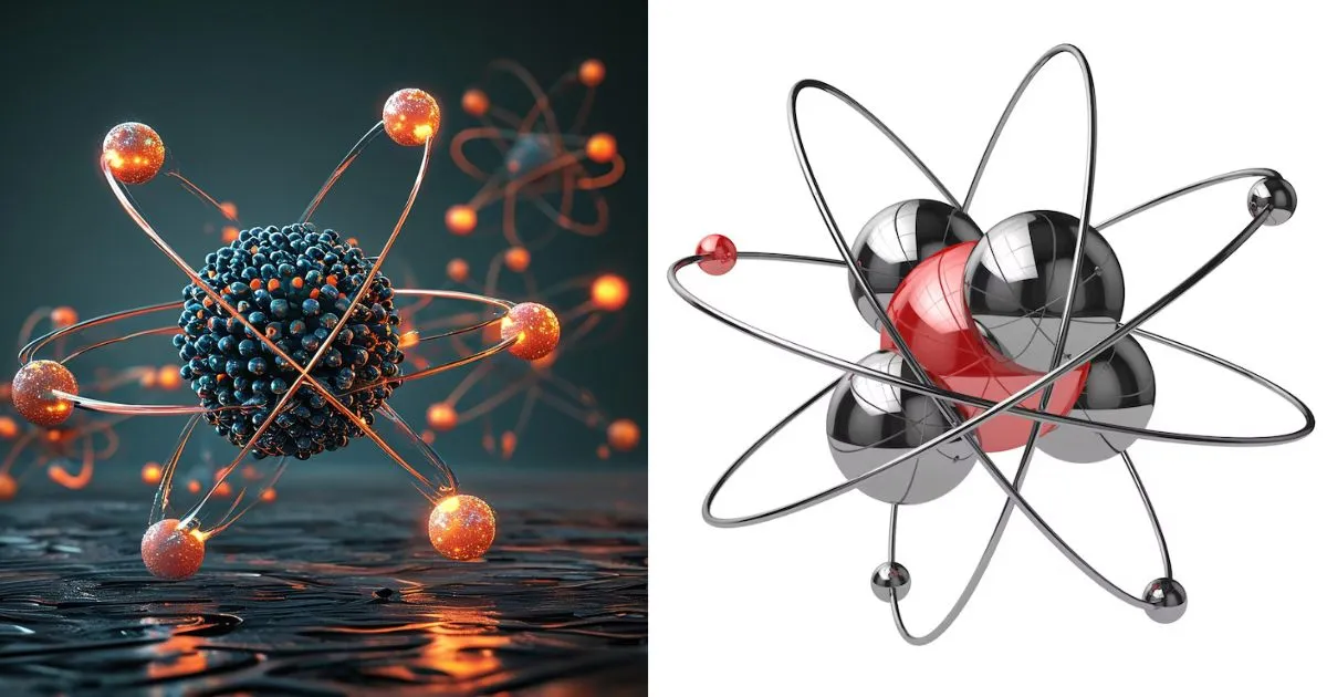 3D illustration of atomic structures with visible protons, neutrons, and electron orbits.